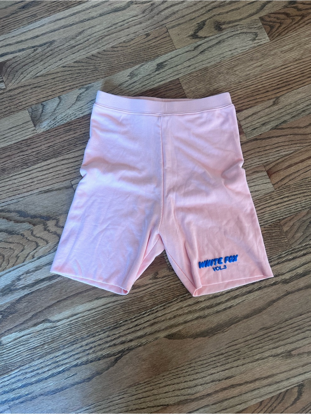 White Fox Boutique Pink Ribbed Bike Shorts with Blue Logo